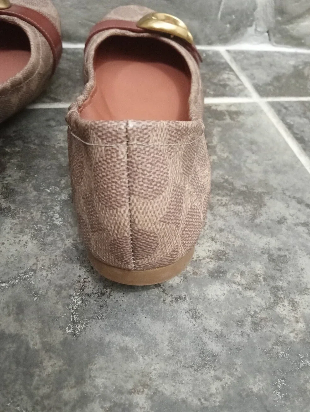 Coach Women's Beige Pink Signature Logo Ballet Flats with Gold Buckle
